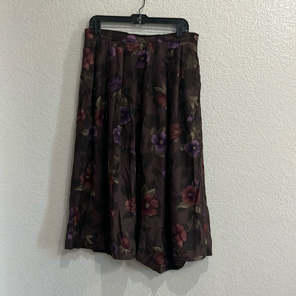 Vintage Worthington Pleated skirt Floral Print Brown Side Button Sz 16 TC0660